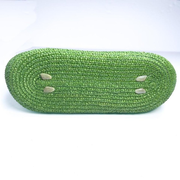 Green woven straw tote bag with handmade shell‎ butterfly design wooden handle - Picture 5 of 8